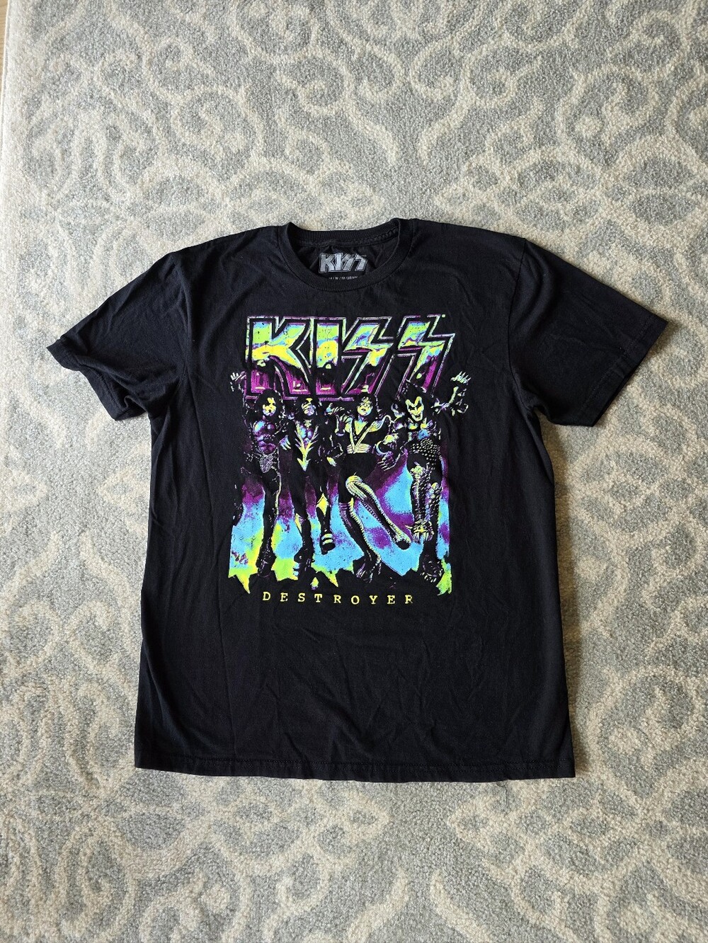 Kiss Black Tee with Neon Purple & Green Destroyer Graphic, Size M 38-40.